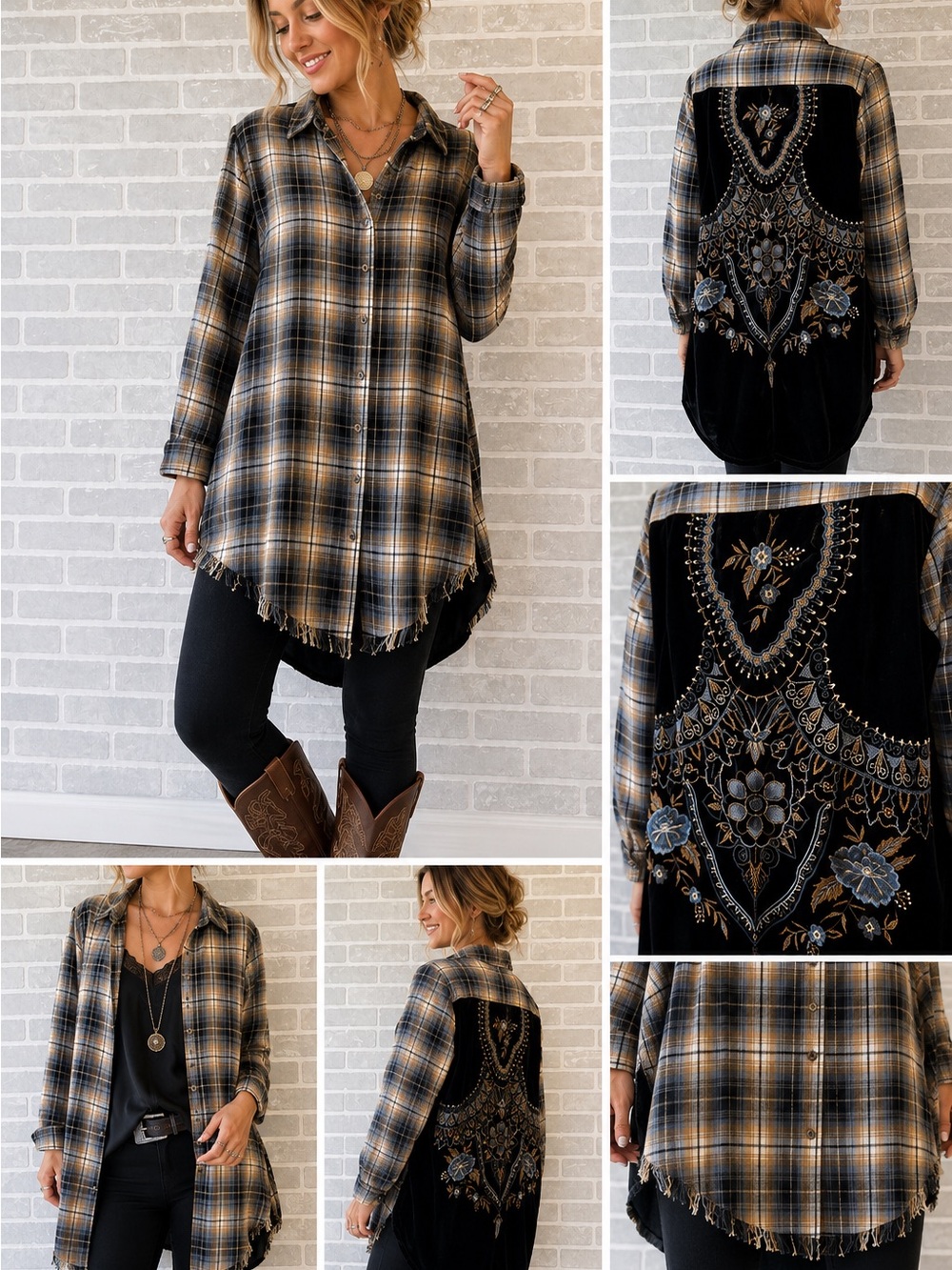 Kyla Seo Embroidered Velvet Back Plaid Tunic Shirt Medium Boho Western